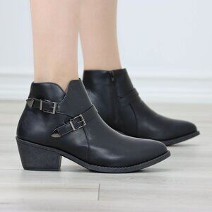 Black Faux Leather Ankle Boots Buckle Straps Side Zipper Low Chunky Heel